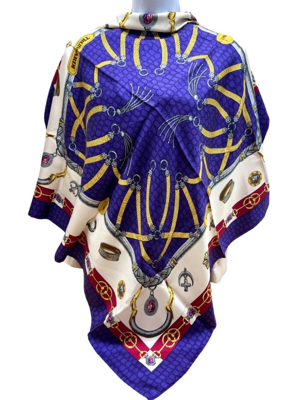 New- Beautiful Trussardi 100% silk Scarf satin 35" Purple Blue White Gold (17 - Picture 8 of 16